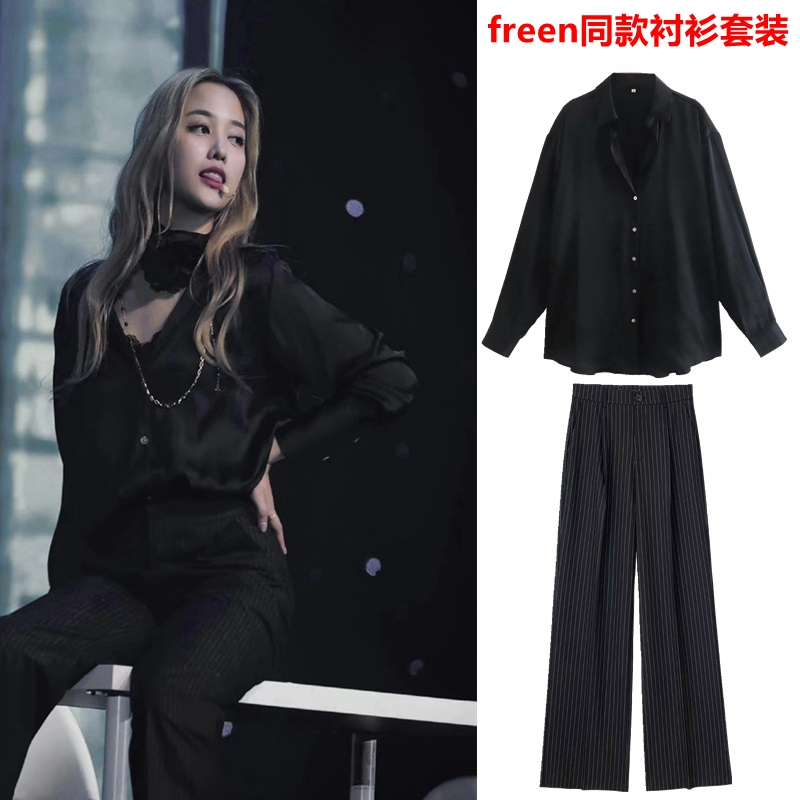 Pink Theory Freen Tour Same Style Black Shirt Set European and American Style Satin Women's Shirt Top Fb Pink Theory Freen Tour Same Style Black Shirt Set European and American Style Satin Women's Shirt Top Fb