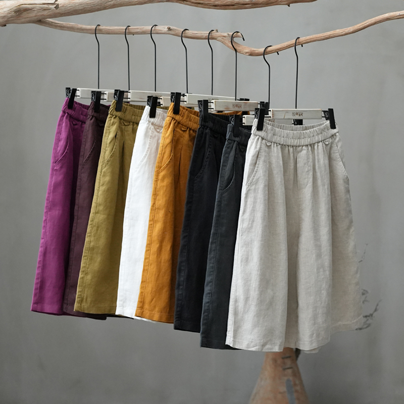 2025 Summer New French Salt-Washed Pure Linen High-Density Five-Point Pants Loose Women's Linen Casual Pants