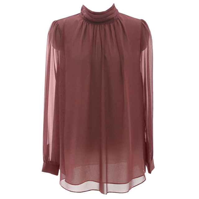 Beautiful spring and summer chiffon shirt for women, long-sleeved, fashionable, high-neck, pleated inner style top