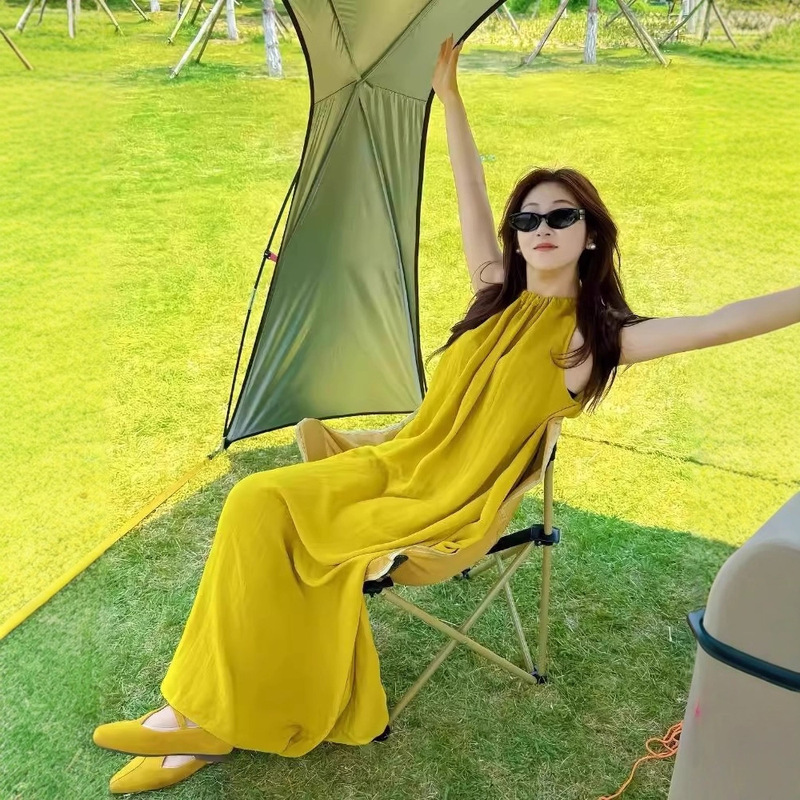Green Summer Trendy New Style, Super Attractive, Slimming, Age-Reducing, Simple, Elegant, Minimalist, Work-Friendly, Fashionable Sleeveless Yellow Long Dress