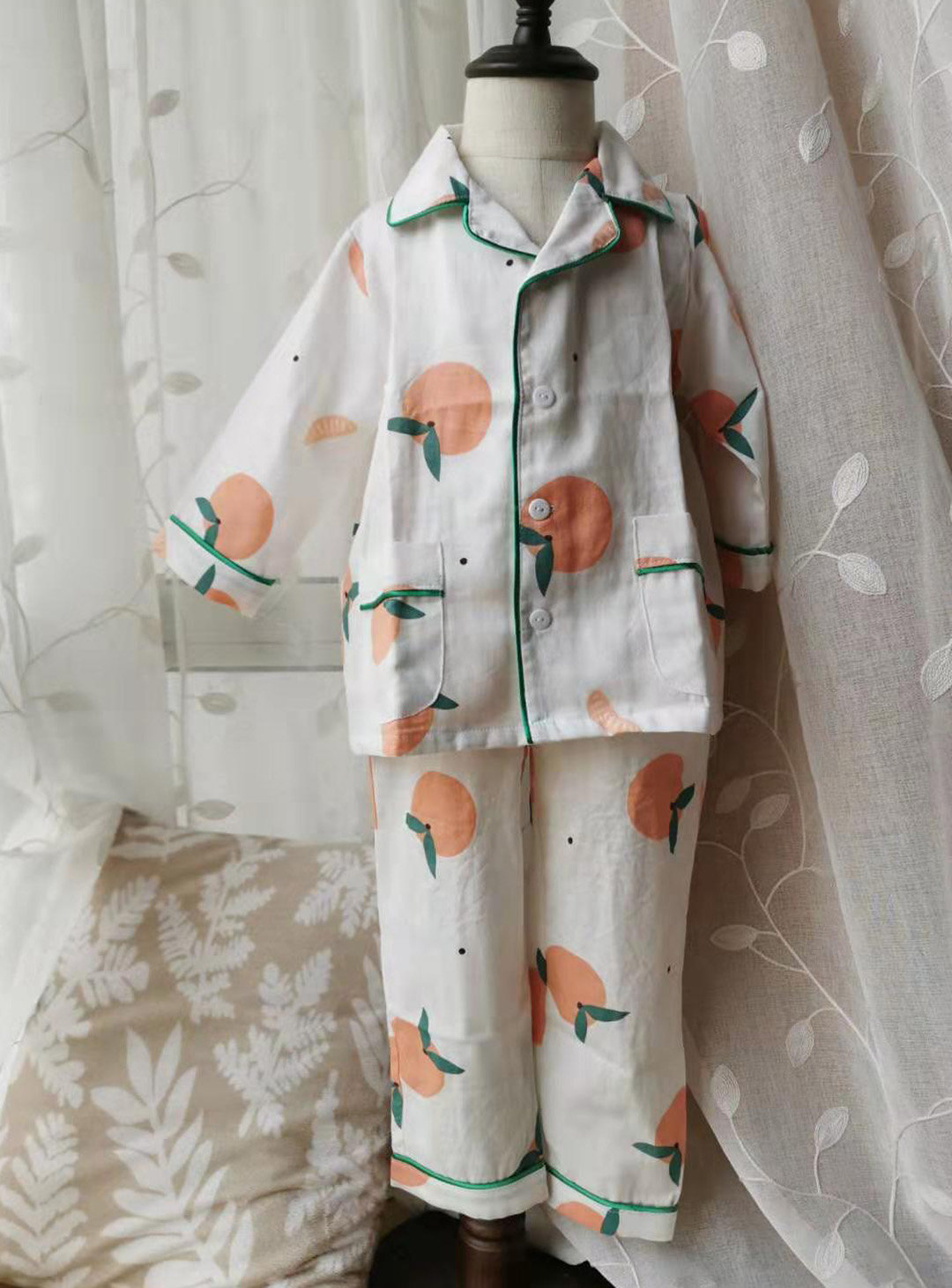 Pure cotton combed double layer gauze cartoon children's adult pajamas home wear confinement clothing anti-mosquito pants clothes custom made