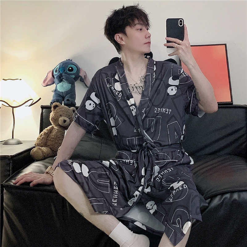 Men's Thin Summer Simple Ice Silk Mid-Length Loungewear Robe, Integrated Short-Sleeve Ribbed Bathrobe, Men's Sleepwear