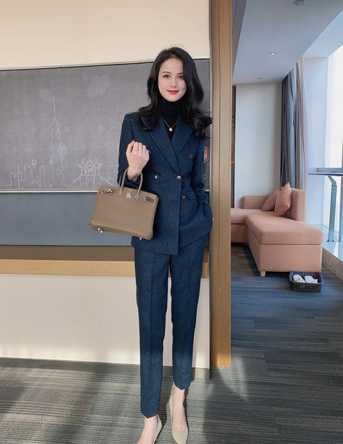 Winter thickened wool navy blue double-breasted slim professional high-end suit suit for women slim and high-end suit