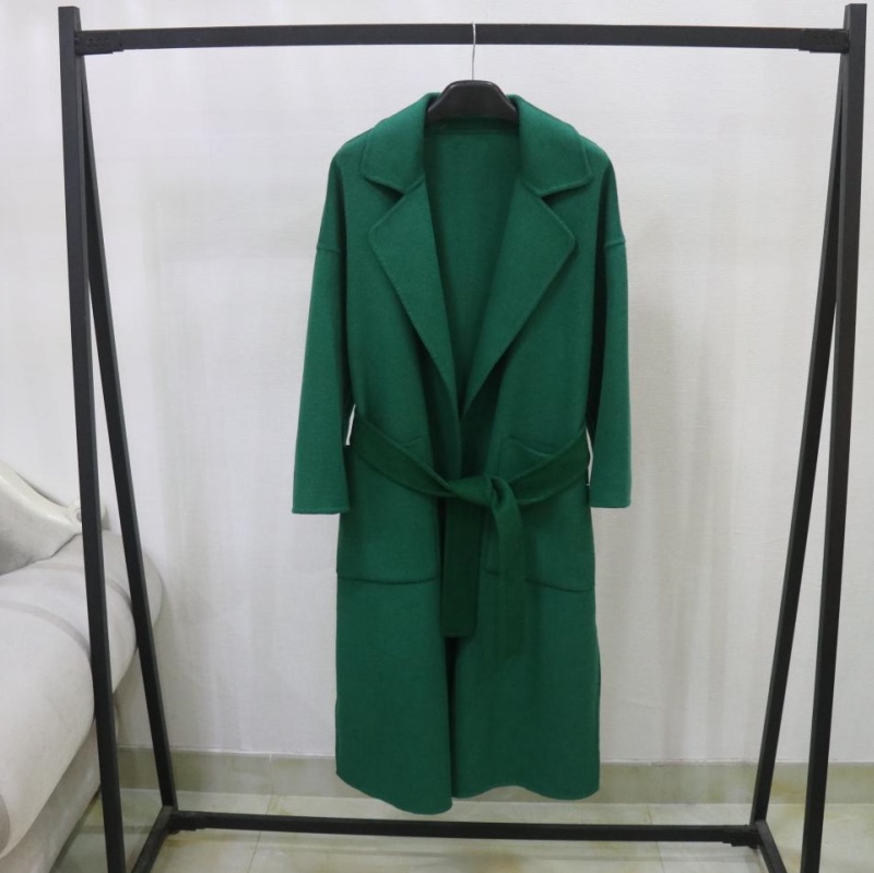 European Women's Autumn and Winter Green Double-Sided Wool Coat, Mid-Length Loose-Fitting Belted Woolen Coat 2024