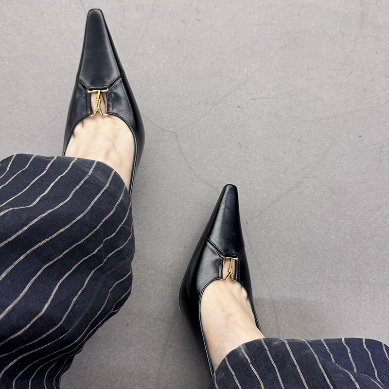 High-Heeled Pointed-Toe Fashion Sandals for Women, Genuine Leather, 2025 Spring New Style, Metal Decoration, Closed-Toe, Backless Single Shoes