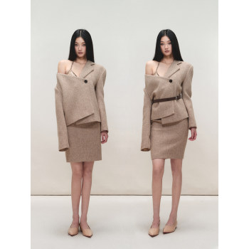 PEMPL氛围暖冬无弹宽松斜肩毛呢长袖外套&包臀人字纹修身半裙套装