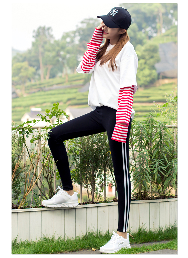 Quần legging nữ mặc mùa thu cotton trắng sọc thể thao quần đen co giãn bó sát chân quần shop thoi trang