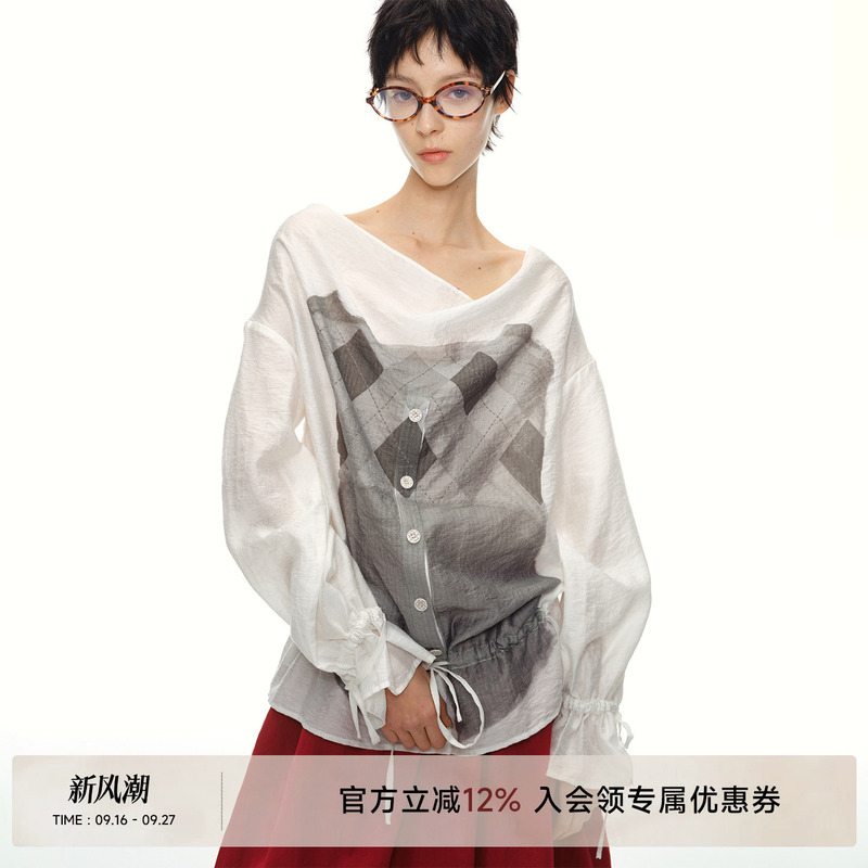 [Same Style as Zhang Yuxi] Andanything New French Romantic Lace Knit Camisole Printed Shirt for Women