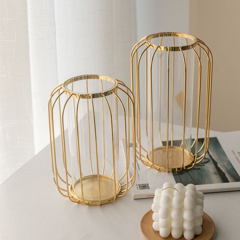 Lantern Glass Vase, High-End Luxury Metal Glass Vase, Living Room, Entrance, Dining Table, Model House Decoration Ornaments