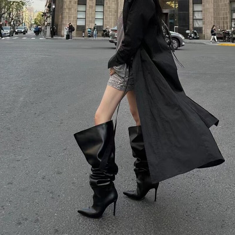 Women's Long Boots with Wide Calf Circumference, Black High Heels, European and American Style, High Boots for Spring, Autumn, and Winter, Pointed Toe, Thin Heel, Riding Boots, Slouchy Boots Women's Long Boots with Wide Calf Circumference, Black High Heels, European and American Style, High Boots for Spring, Autumn, and Winter, Pointed Toe, Thin Heel, Riding Boots, Slouchy Boots
