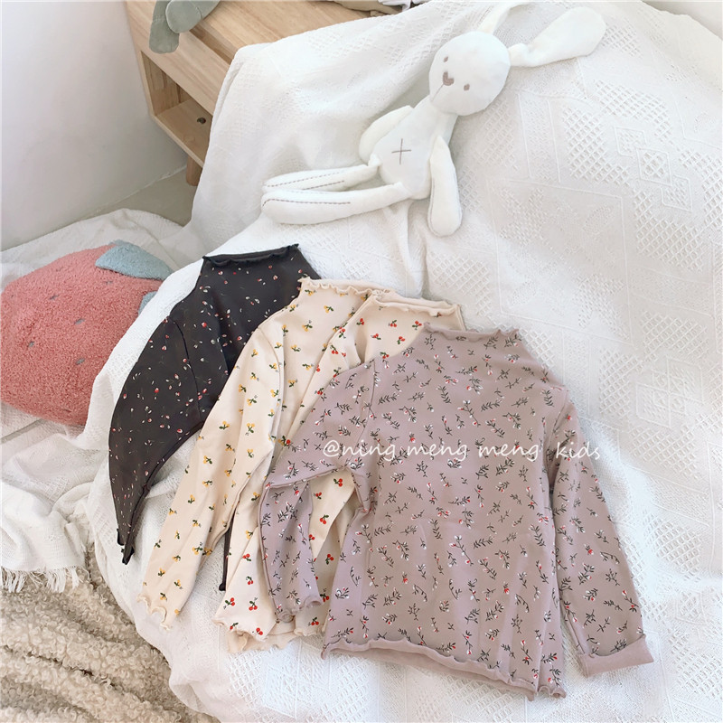 Girls undershirt Korea autumn 3 baby girls cotton floral high neck long sleeves T-shirt girls wood ear top top