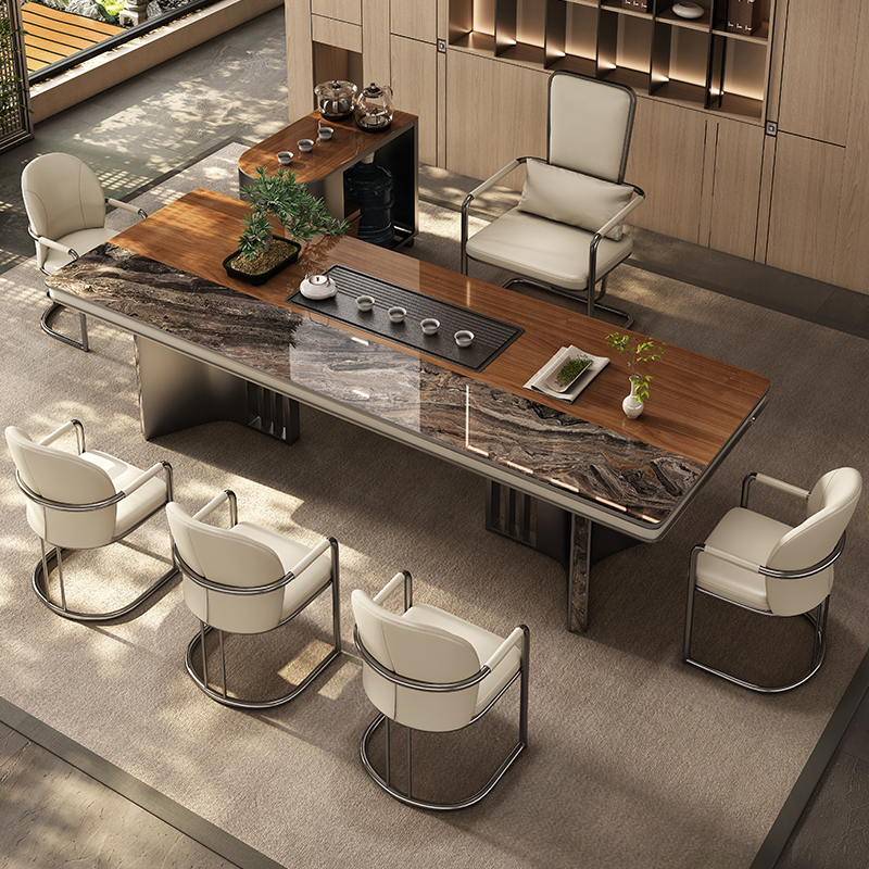 Luxury Stone Slate Tea Table, Light Luxury Modern High-End New Chinese Style Kung Fu Tea Table, Office Tea Table and Chair Set