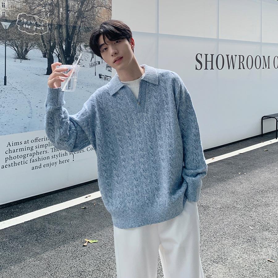 韓国版フェイクツーピースラペルプルオーバーセーター長袖メンズアメリカントレンドブランド秋冬ゆったり無地カジュアルセーター