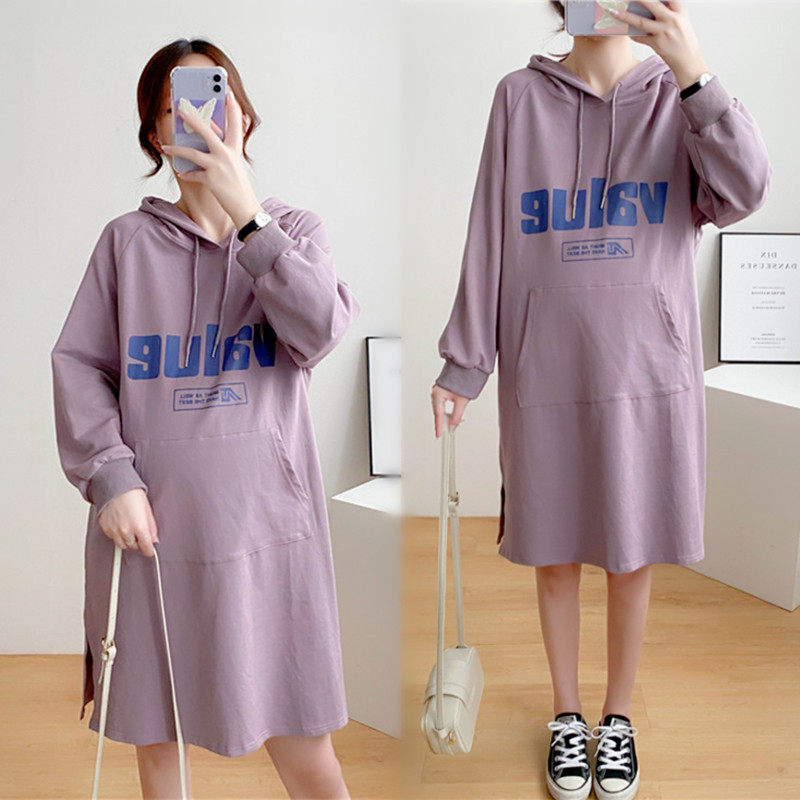 Autumn Dress New Large Size Gestational Woman Dress Pure Cotton Medium Dress Fat MM Even Cap Sports Jersey Slim Over Kneecap Undershirt