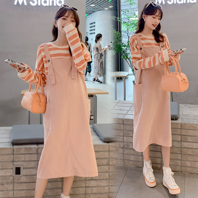 Spring dress new Korean maternity dress two-piece set baby bag skirt tide mom suit casual striped coat foreign style dress