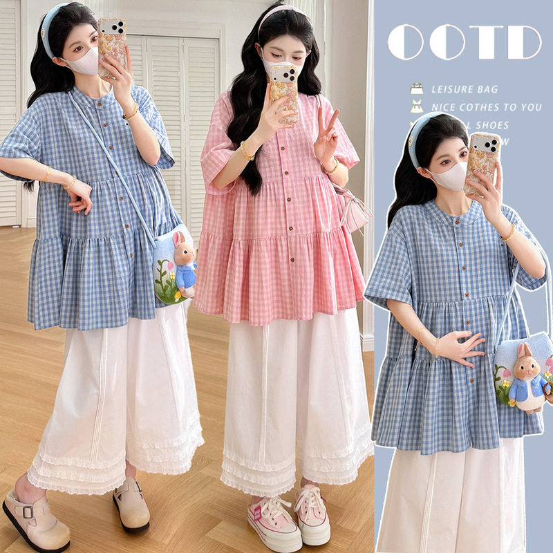 Summer New Style Korean Maternity Wear Sweet Plaid Shirt Pregnancy Clothes Fashionable Shirt + Wide-Leg Pants Set