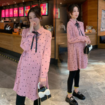 2022 Spring and autumn clothes new gestation Pregnant Womens Dress Loose Slim Fit Slim Fit Dress Foreign Air Shirt Round Point Dresses Undershirt Woman