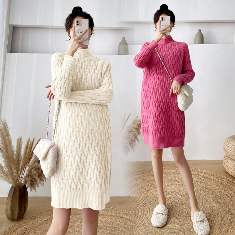 2021 Autumn Winter Dress New Pregnancy Maternity Dress With Long Version Hemp Floral Sweater Warm Ocean Dress Chaoma Suit