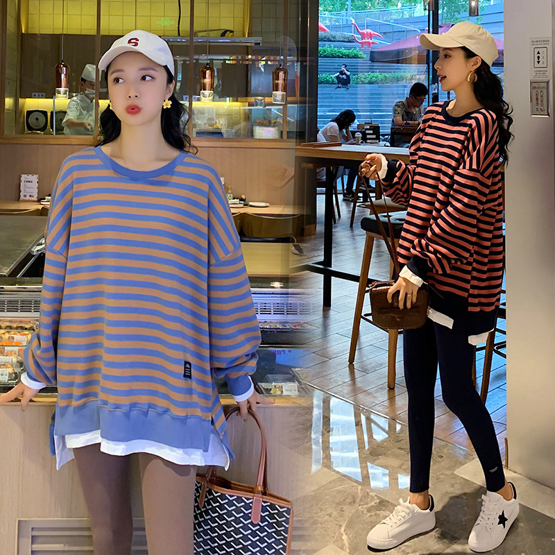 Autumn Clothing New Large Size Gestation Maternity Dress Loose two pieces of pure cotton Leisure blouses Fat MM Striped blouses with undershirt surges
