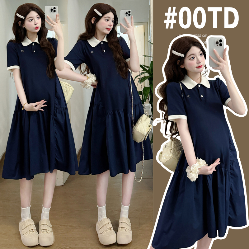 2026 Summer New Maternity Wear Sweet Mid-Length Dress Summer Preppy Style Shirt Collar A-Line Skirt