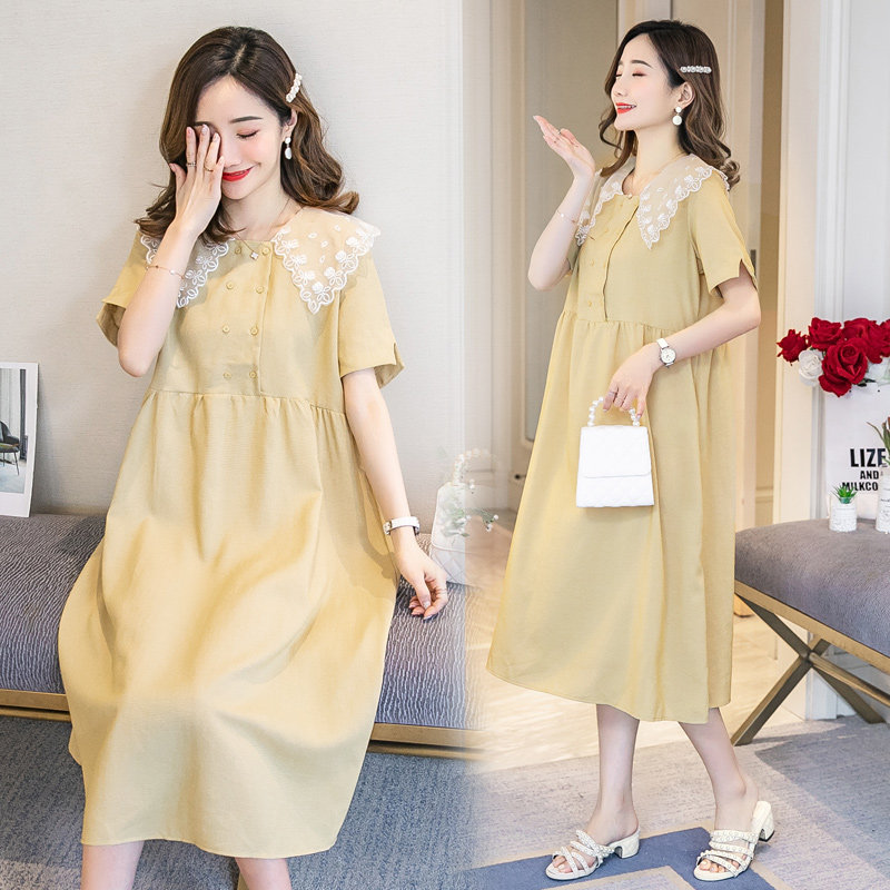 2022 summer fit new large size Yard Pregnancy maternity dress with long version Short sleeves Ocean dress Lace Lace splicing skirt tide