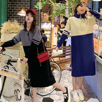 Autumn Winter new Korean version of Korean version Large-size Pregnancy Maternity Dress with a long style dress with a knee-knit cardiovert and a bottom shirt woman