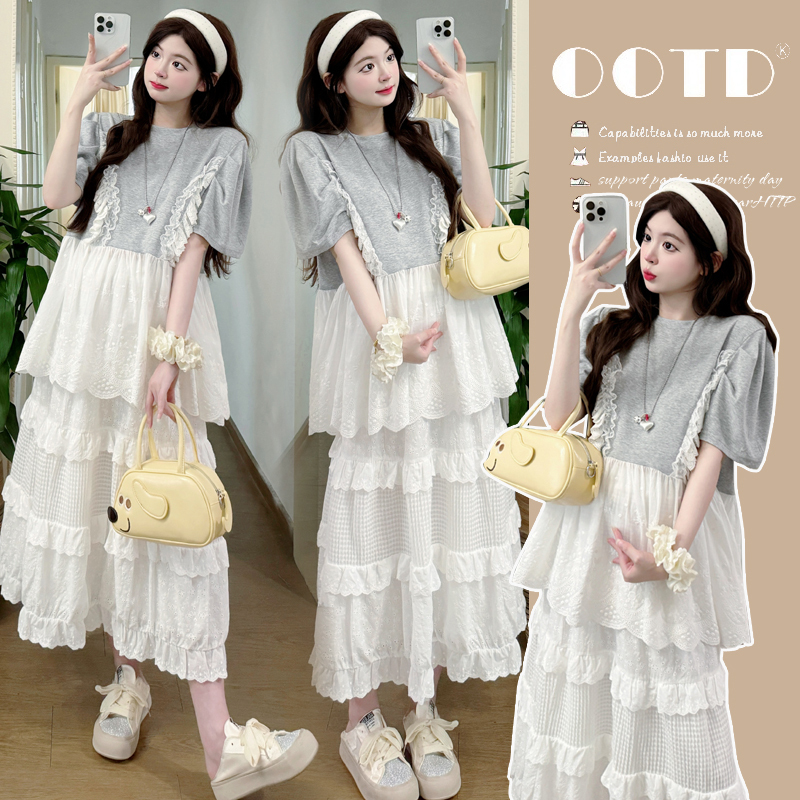 Maternity Wear New Korean Style Maternity Wear Loose Lace Short-Sleeved T-Shirt + Pleated Skirt Skirt Elegant Fashion Suit