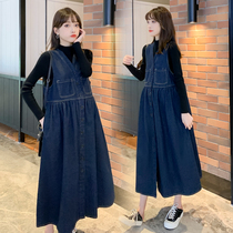 2021 Autumn loaded with new Korean version Large code Pregnancy Woman Fit Loose Two Sets Dress Dress Foreign Air Suit Denim Harness Skirt