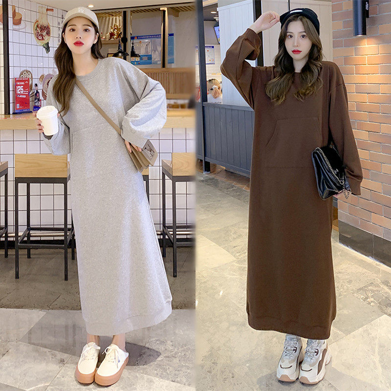 Autumn and winter new maternity dress long version plus velvet dress foreign style knee-thick thick cotton T fat MM pullover dress tide