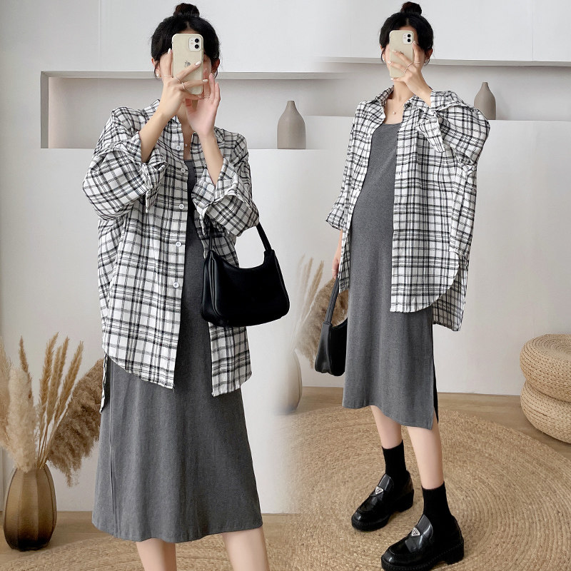 Pregnancy Woman Dress Spring Clothing in Korean version with long version of plaid shirt Two style foreign dress Fashion Chaoma Yanist Pendant Dress