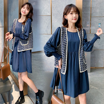 2022 Chunqiu Bottling Gestation Maternity dress with two sets of sleeves Dress Foreign Air Horse Chia Suit Tide Moms Retro Underskirt