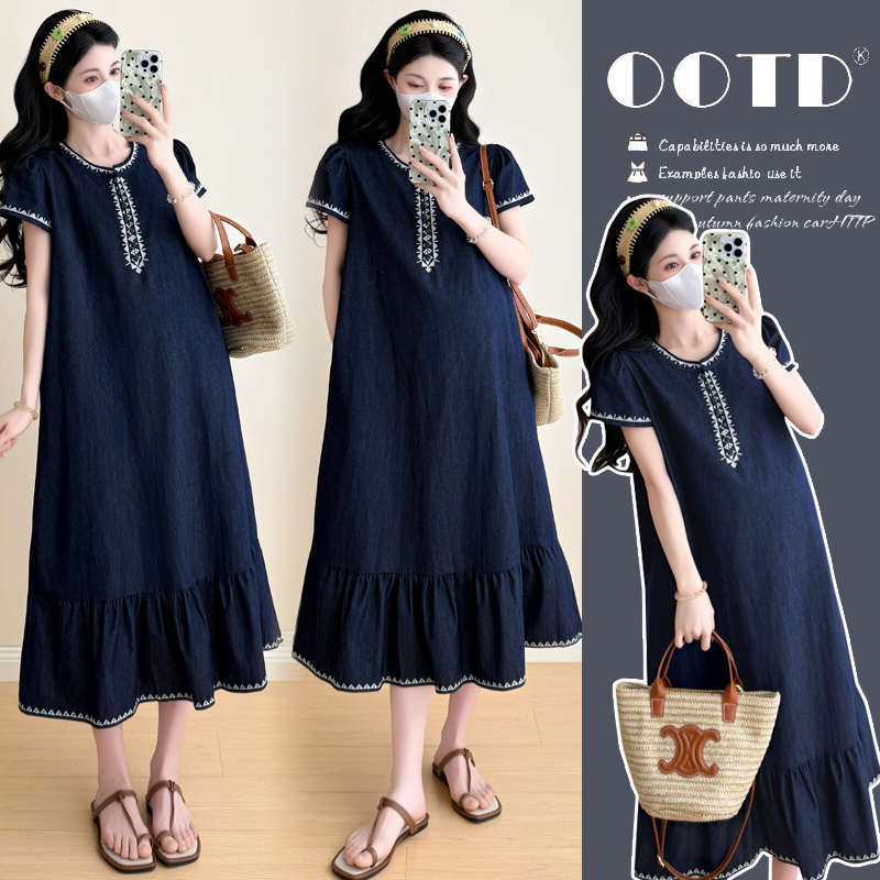 2026 Summer New Korean Style Maternity Dress, Loose and Slimming Mid-Length Dress, Summer Short-Sleeved Over-The-Knee Dress, Trendy 2026 Summer New Korean Style Maternity Dress, Loose and Slimming Mid-Length Dress, Summer Short-Sleeved Over-The-Knee Dress, Trendy
