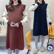 2021 Autumn Winter Dress New Big Code Gestational Woman Dress Loot Dress Dress Foreign Air Needling Jersey Sweatshirt Fake two sets damp
