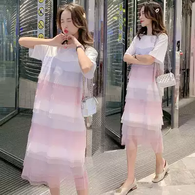 Maternity summer new Korean mid-length short-sleeved dress large size trendy mother loose 200 kg chiffon skirt