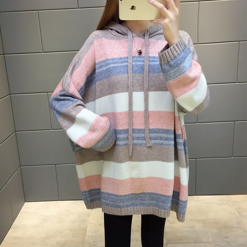 2021 autumn and winter dress large size gestation maternity dress loose with long version even cap sweaty clothes fat MM sleeve head knitted sweatshirt long sleeve blouse