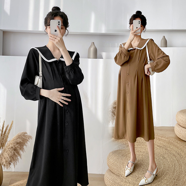 Pregnancy Woman Dress Spring Dress New Korean Version of the Long Edition Overturned Collar Foreign Dress Code for Aging Out Foreign Pie Long Dress