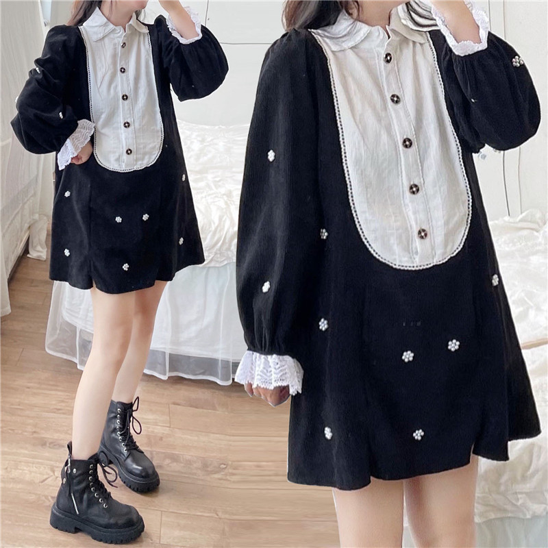 Gfei steps up the code 200 haggi gestation woman dress spring dress new Korean version foreign dress long sleeve polo collar bottom-shirt blouse