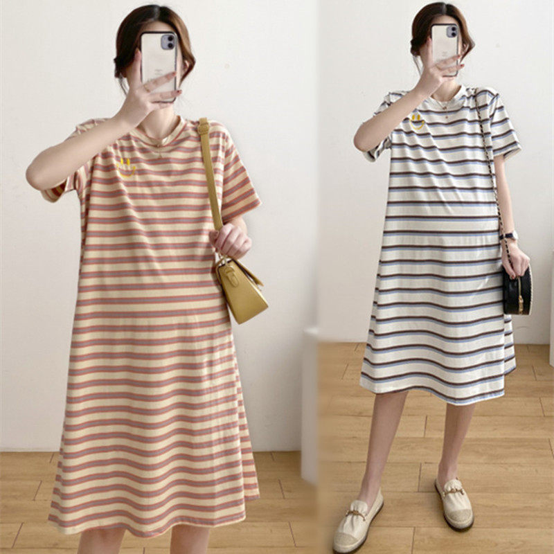 2022 Spring Summer dress New Korean version Large size Size Pregnancy Woman Dress loose with medium long version Striped Ocean Bottling pure cotton T-shirt
