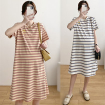 2022 Spring Summer Dress New Korean Version Big Code Gestational Woman Dress Loot in Long Striped Dress Chaoma Pure Cotton T-shirt
