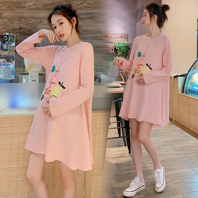 Autumn new Korean version of maternity clothes loose and thin mid-length version of dress maternity sweater long-sleeved T-shirt top trendy