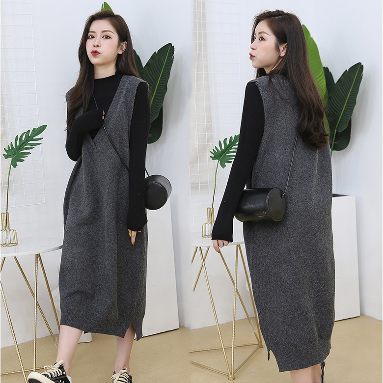 Autumn new maternity wear loose mid-length version two-piece dress pregnancy sweater vest vest suit tide