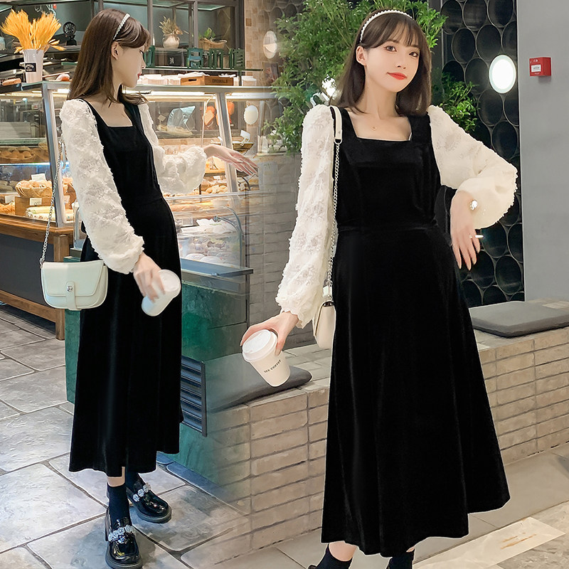 2022 Spring Dress New Gestational Woman Dress Slim Splicing Foreign Dress Velvet Long Skirt Fat MM Over Kneecap Bottom Skirt