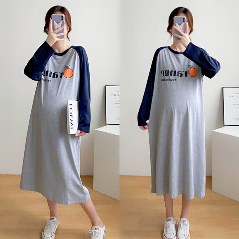 Autumn New Korean Maternity Wear Loose Mid-Length Dress Western Style Long Sleeve Cotton T-Shirt Over-the-Knee Bottoming Shirt