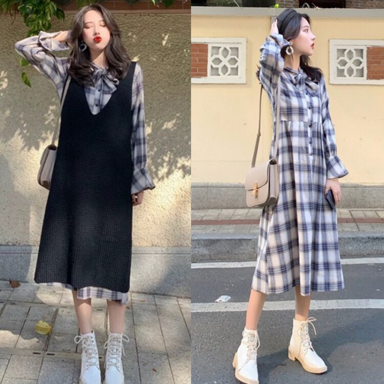 Fall - sized pregnant women dress loose retro - shirt dress - style vest vest two - piece fashion suit