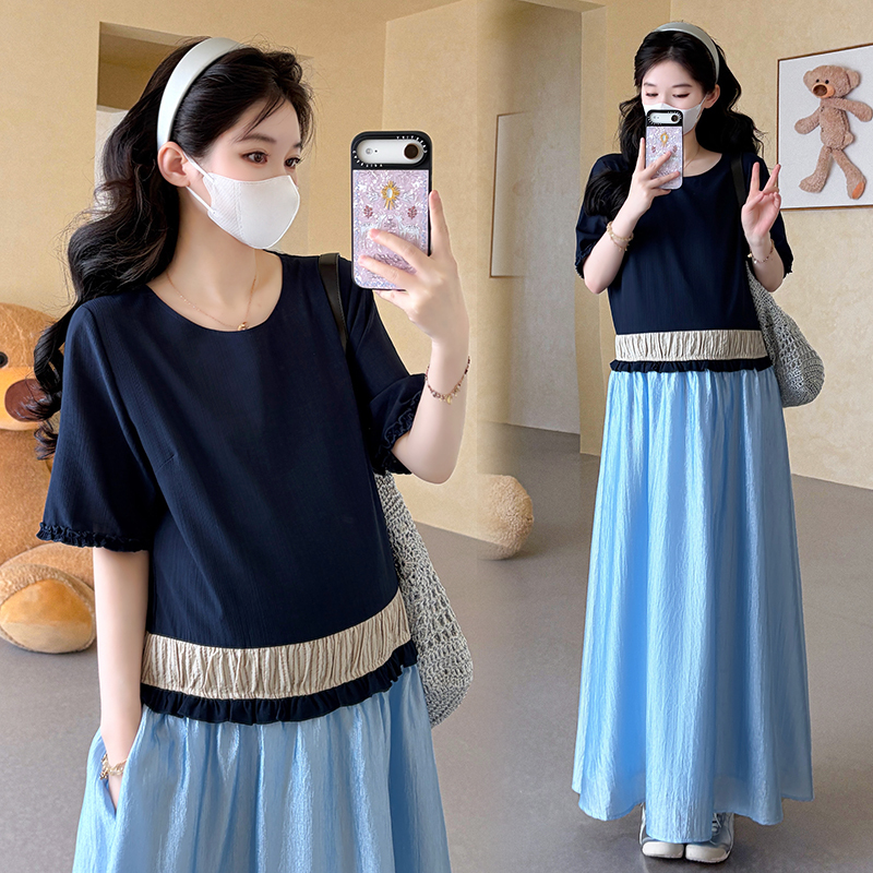 Summer New Style Korean Version Plus Size Maternity Dress Loose Slimming Long Dress Summer Over-The-Knee Large Patchwork Long Dress