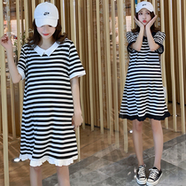 Summer dress new Korean version of Korean version Large-size Pregnancy Maternity Dress with long dress and dress foreign air striped T-shirt boatload of the undershirt