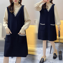 Autumn Winter Dress Big Code Gestation Woman Dress Loot In long dress Dress False Two-piece Jersey Mesh Red Sweater Suit Tide