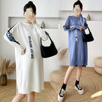 2021 Autumn Winter Clothing Pregnant Woman Loose Casual Mid-Length Dress Dress Foreign Air Open Fork Warm Woolen Sweater Dresses Bottom Cardiovert