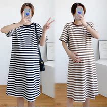 2022 Summer Dress New Korean Version Big Code Gestation Maternity Dress With Long Pinstripe Dress Foreign Air Pure Cotton T-shirt Woman 200 catty