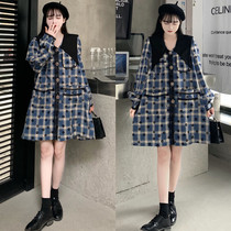 Plus Fat Increase Code Gestation Woman Dress Spring Dress New Korean Version Plaid One-piece Dress Fat mm200 Catty Long Sleeve Shirt Skirt